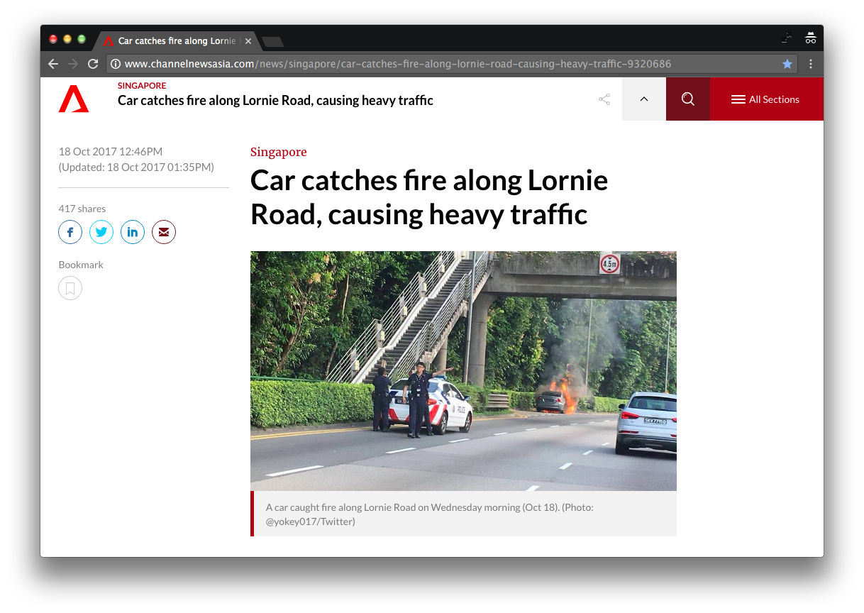 channel news asia reports car catches fire along lornie road, causing heavy traffic