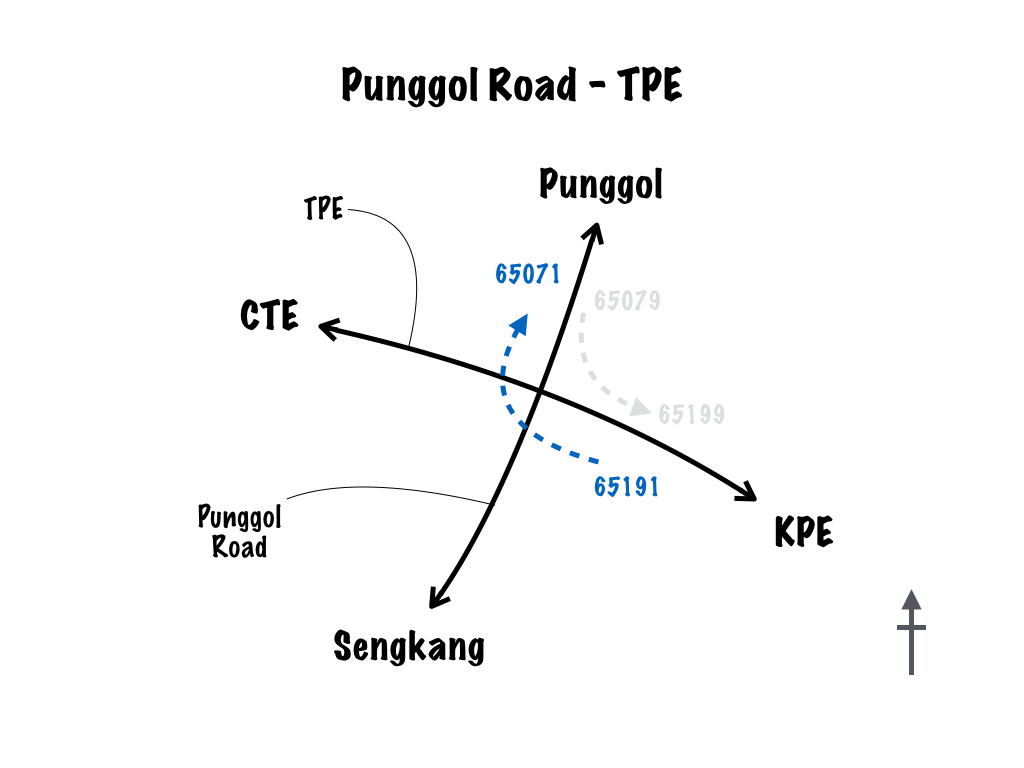 Map showing bus stop and routes along Punggol Road and TPE Junction